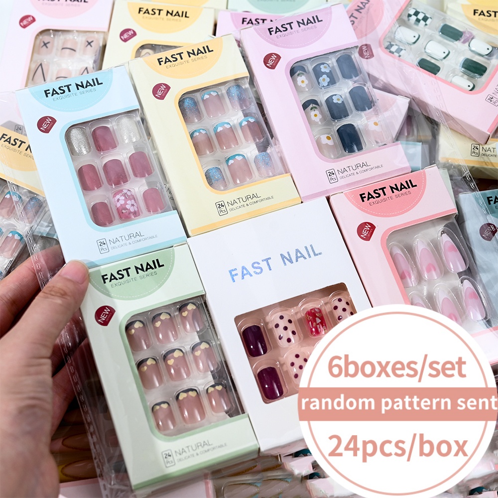 Nail Art Fake - 6 กล่อง/ชุด เล็บปลอมทรงสั้นทรงเหลี่ยม ลายหัวใจ ดีไซน์หลากหลาย ส่งแบบสุ่ม