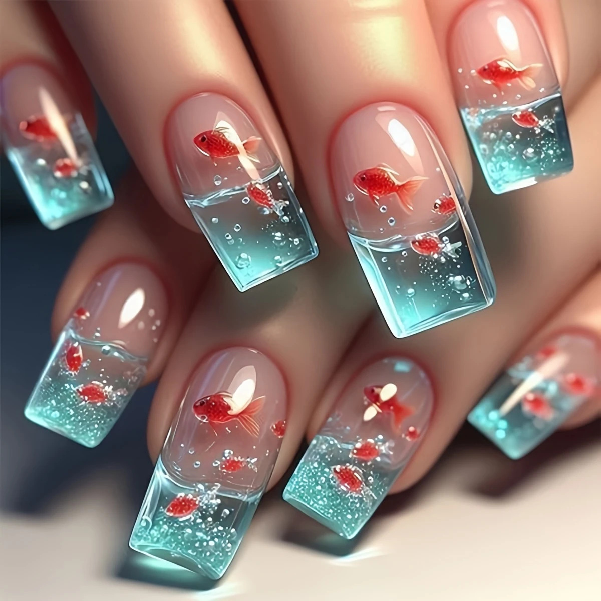 Nail Art Red - เล็บปลอมทรงเหลี่ยมขนาดกลางสำหรับผู้หญิง สีฟ้าใสแบบฤดูร้อน ลายปลาสีเหลืองแดง แบบเต็มเล็บ กดติดอะคริลิค สำหรับตกแต่งเล็บ