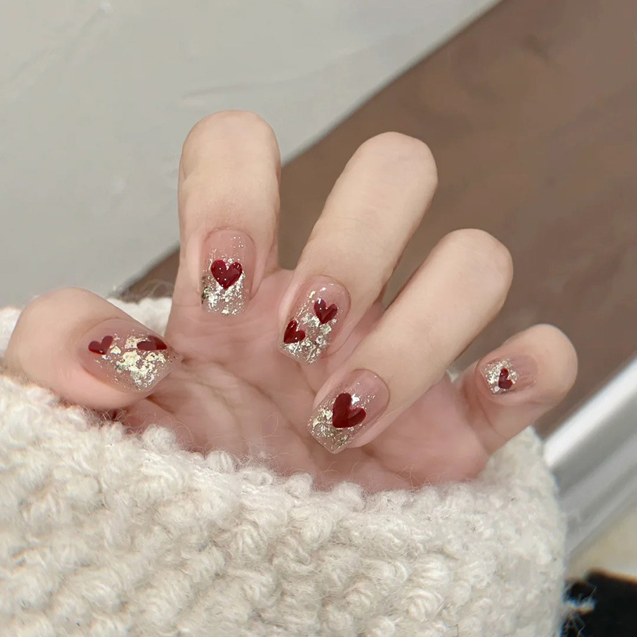 Nail Art Red - ชุดเล็บปลอมสั้นทรงเหลี่ยม 24 ชิ้น/ชุด สำหรับผู้หญิง สาวๆ น่ารัก