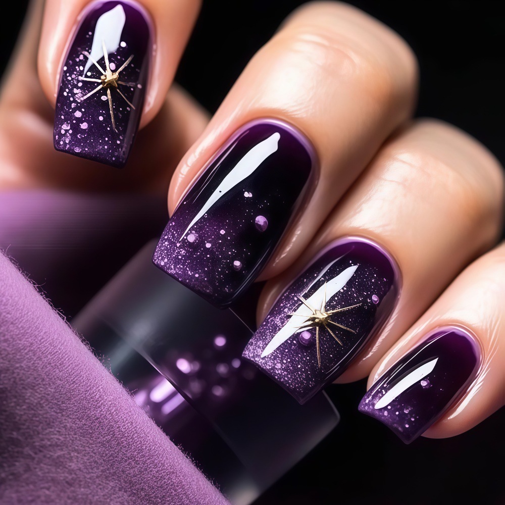 Nail Art Fake - เล็บปลอมสั้น-กลาง ไล่เฉดสีม่วง-น้ำเงิน ทรงเหลี่ยม พร้อมลายดาวประกายทอง-เงิน