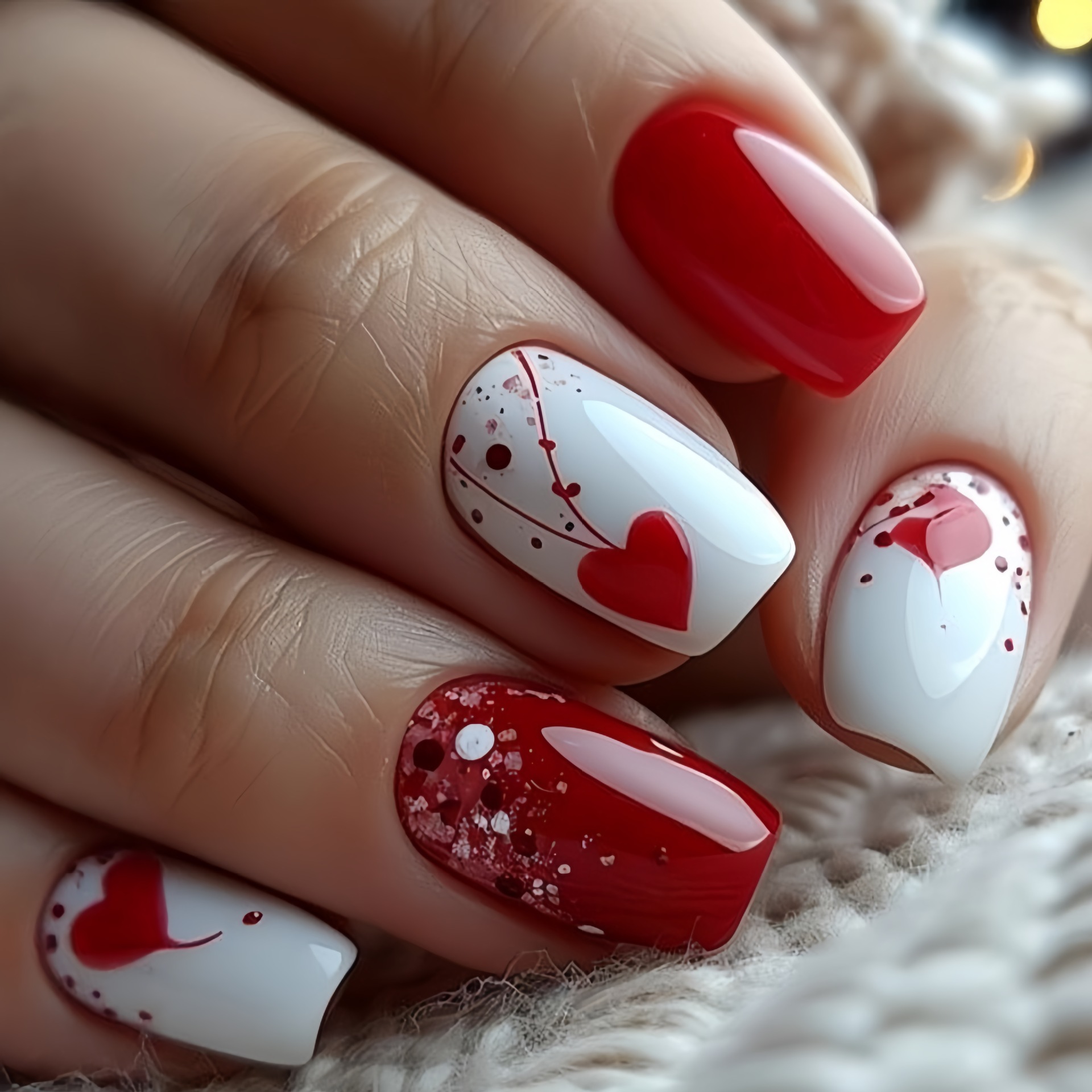 Nail Art Red - เล็บปลอมแบบสั้น-กลางสำหรับผู้หญิงและเด็กผู้หญิง ลายหัวใจไล่สีแดงชมพู สำหรับวันวาเลนไทน์ ปลายเล็บวิบวับ ติดง่าย ชุดทำเล็บปลอม