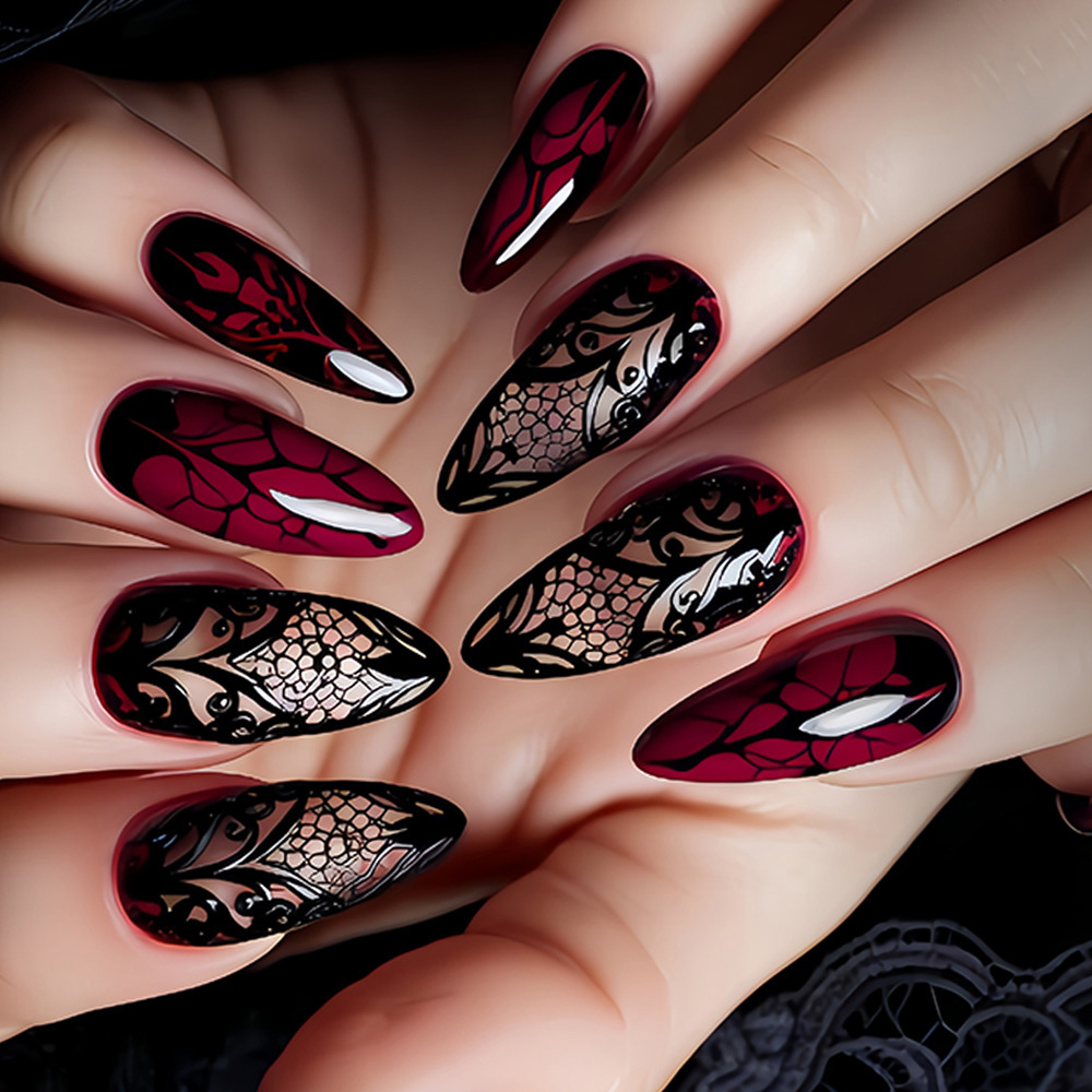 Nail Art Red - เล็บปลอมขนาดกลางสำหรับผู้หญิง สีแดงเข้ม สีดำ ลายดอกไม้ รูปทรงอัลมอนด์ ปลายเล็บแบบเต็มแผ่น