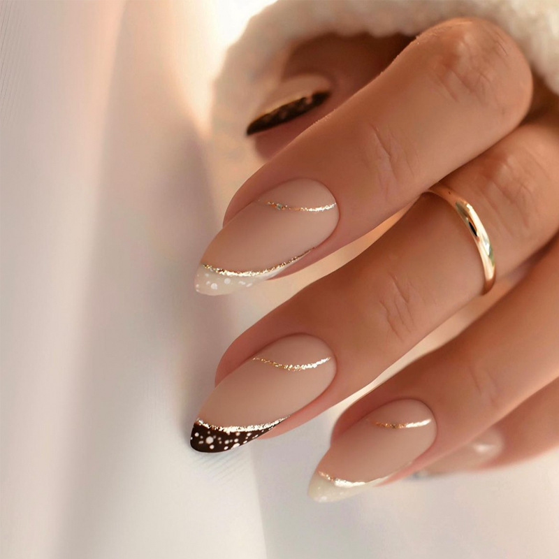 Nail Art Fake - เล็บปลอมสไตล์ฝรั่งเศส 24 ชิ้น แพทช์เล็บสี่เหลี่ยมแอปริคอท