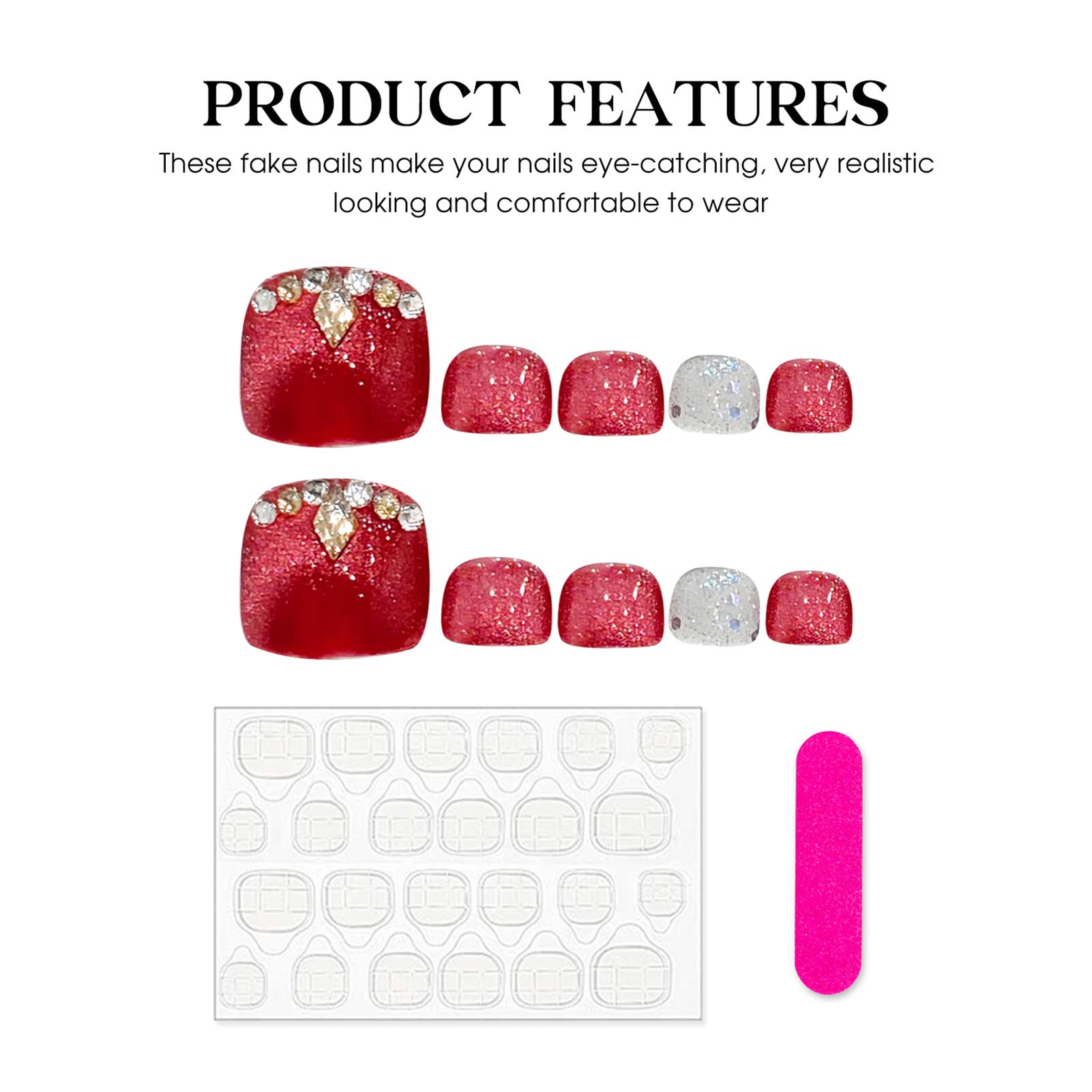 เล็บเท้าปลอมแบบกดบนเล็บเท้าทรง - Nail Art Red บทวิจารณ์และราคา