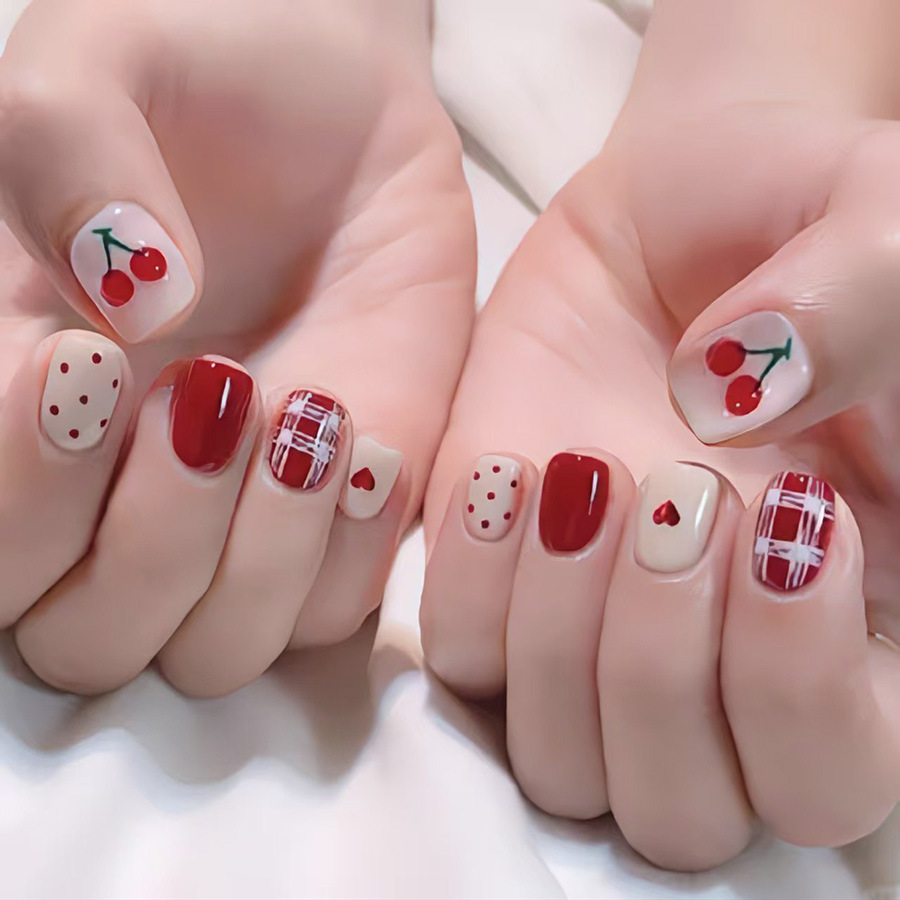 เล็บปลอมทรงสี่เหลี่ยมสั้นสำหรั - Nail Art Red บทวิจารณ์และราคา